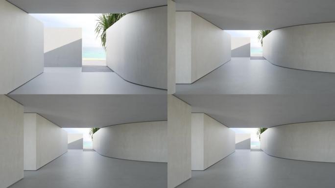 现代海滨别墅或公寓混凝土地板上的空白色曲线墙。