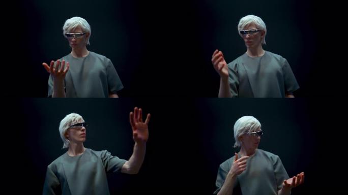 虚拟现实人眼镜体验模拟特写。未来主义的金发女郎