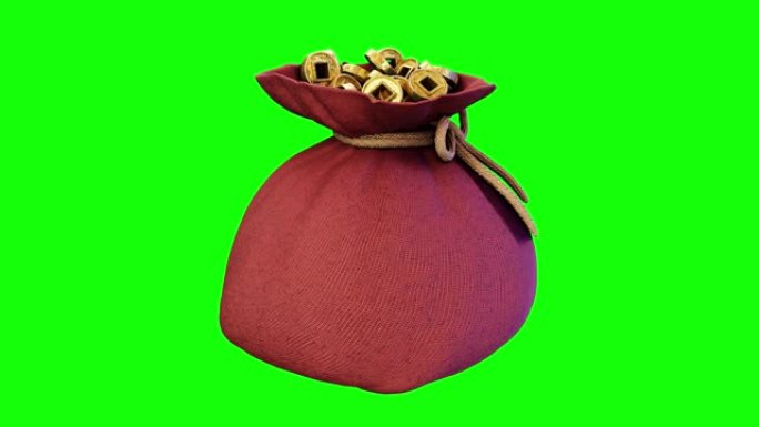春节期间，一个装满金币的幸运红色袋子以3D动画渲染，并在绿色屏幕背景上循环播放。