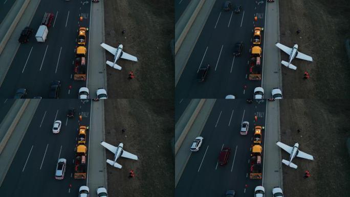 紧急飞机降落在高速公路上。无人机射击上方