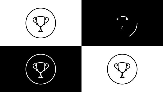 奖杯奖杯，黑白线图标矢量插图在一个圆圈，用于网络奖励，成功，获胜者，冠军，视频动画，自画。