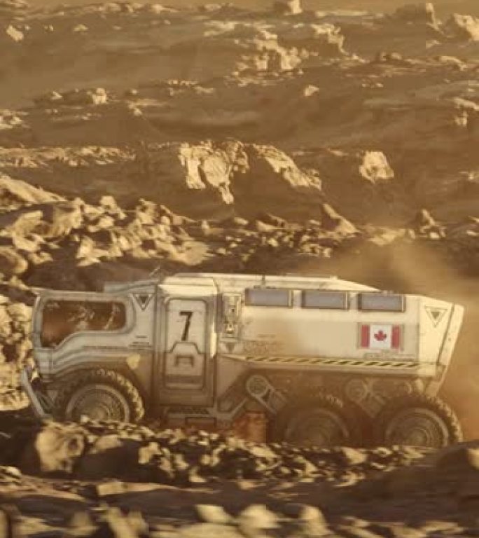 火星行星的太空殖民。带有加拿大国旗的火星探测器探索行星表面垂直视频