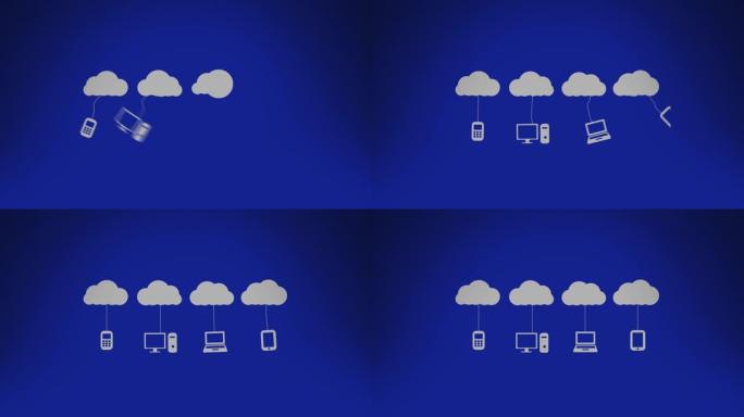 蓝色背景上电子设备的数字云动画