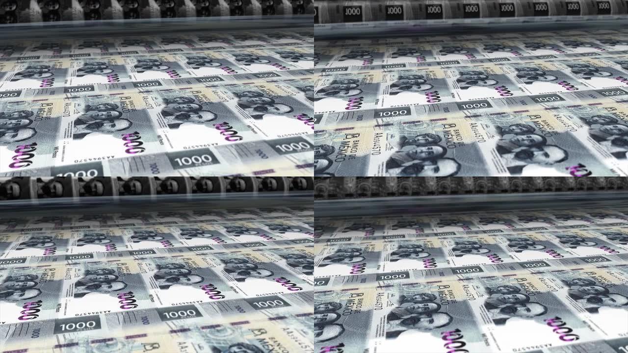 墨西哥，墨西哥比索印刷机打印出当前1000比索钞票，无缝循环，墨西哥货币背景，4K，聚焦深度Smoo