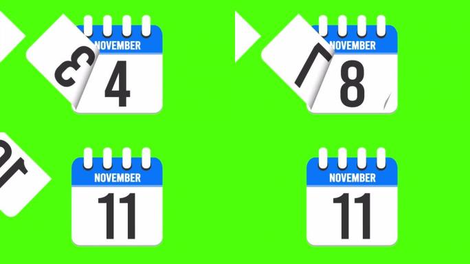 11月11日。日历出现，页面下降到11月11日。绿色背景，色度键 (4k循环)