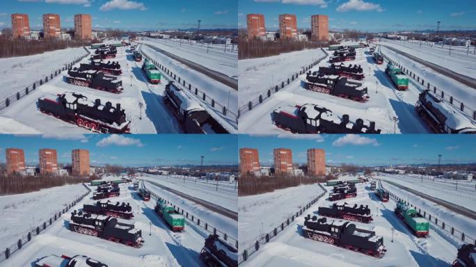 白雪皑皑的下诺夫哥罗德 (nizny Novgorod) 的冬季视图到旧蒸汽机车的4k航拍画面