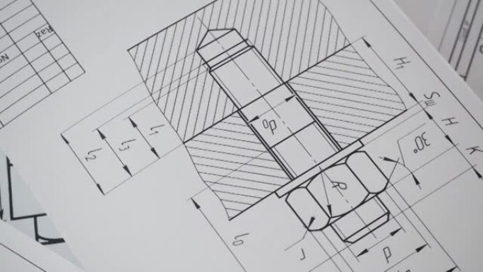 工业零件、螺栓和机构的纸质工程图纸