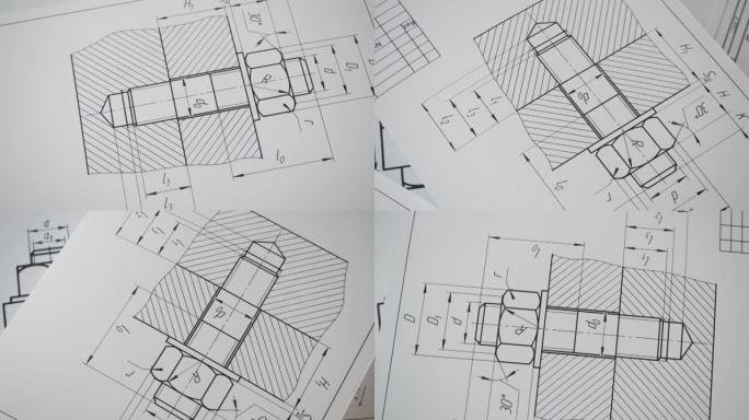 工业零件、螺栓和机构的纸质工程图纸