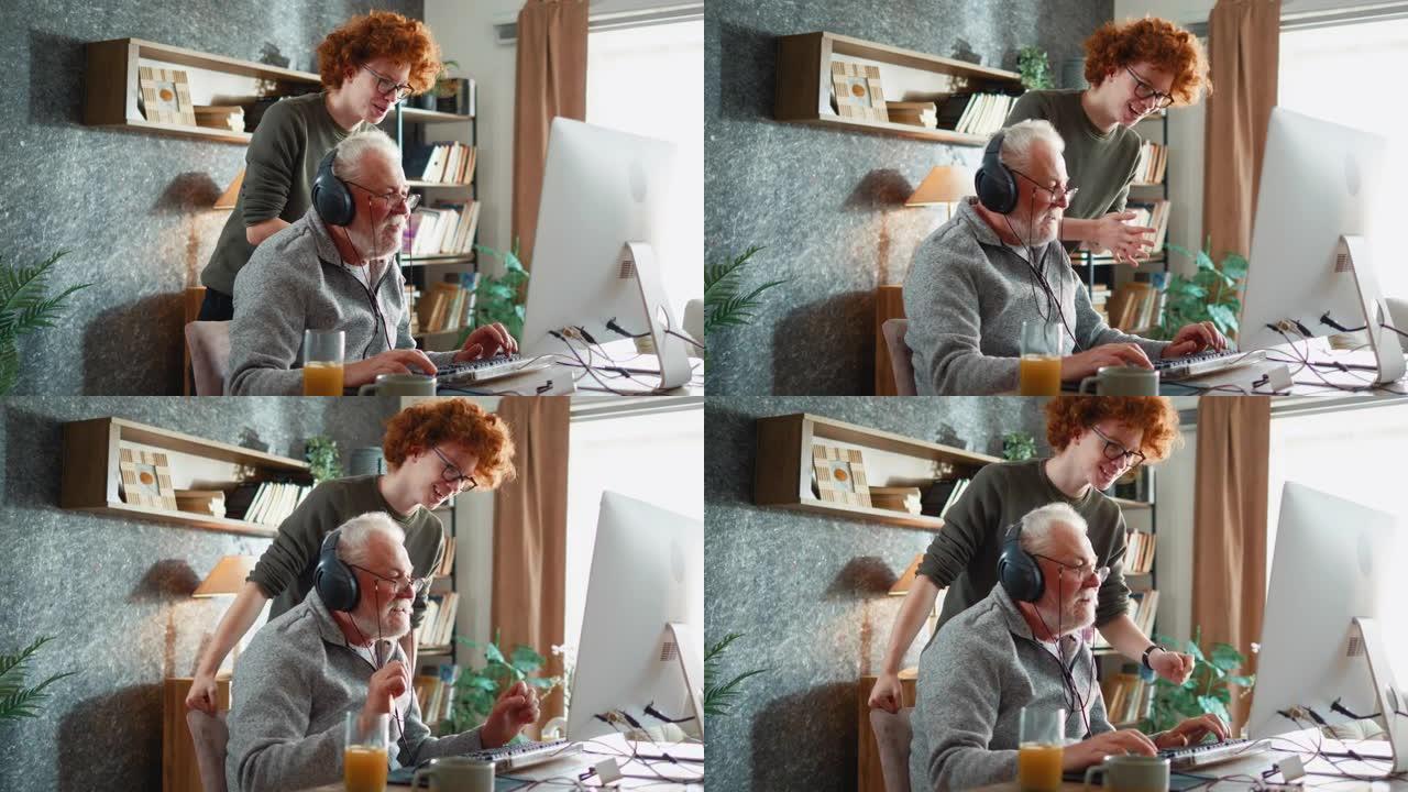 一名少年在家里用电脑玩电子游戏时扶养老人的慢动作镜头
