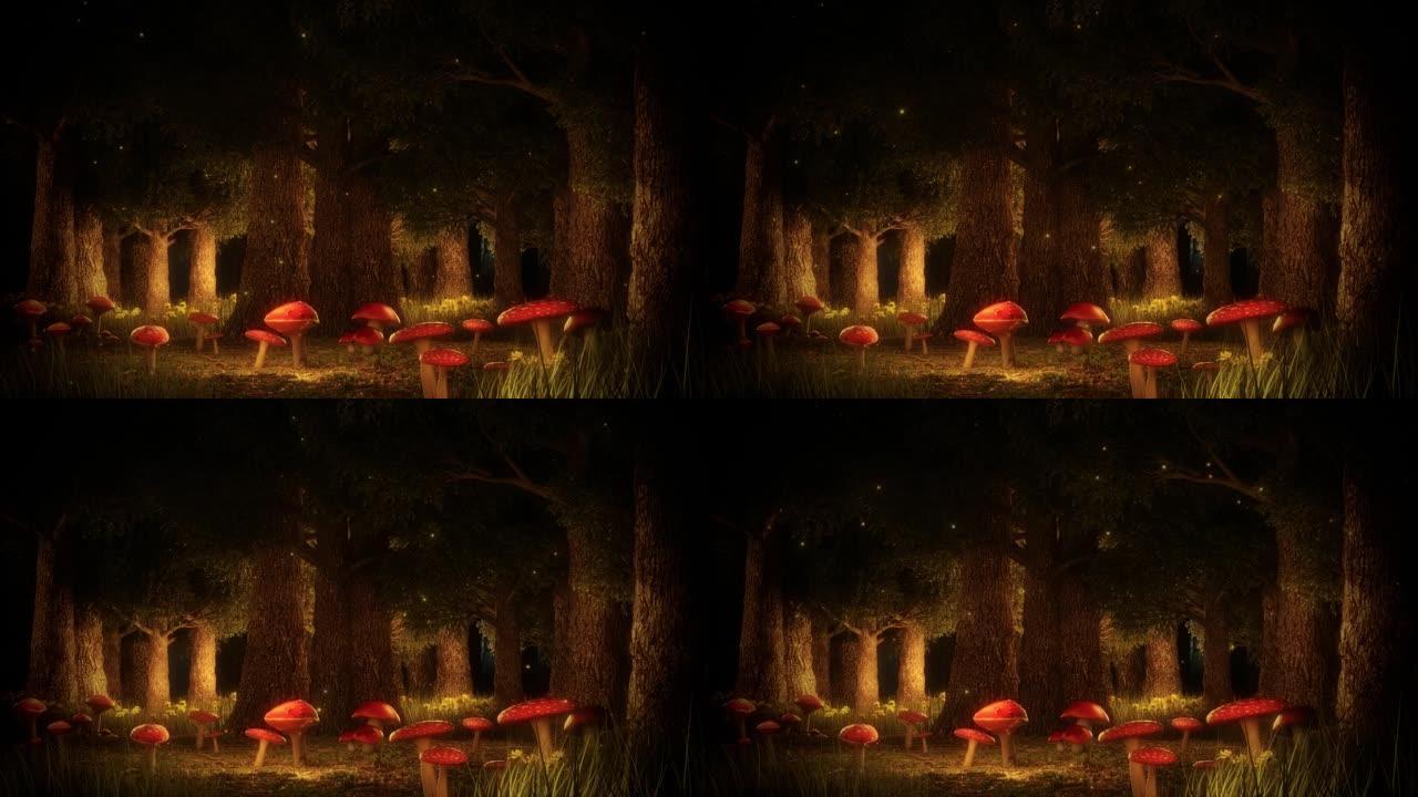 红色蘑菇的魔法森林-自然景观循环背景V2