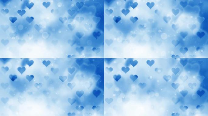 蓝色bokeh动画背景上抽象模糊的心形。