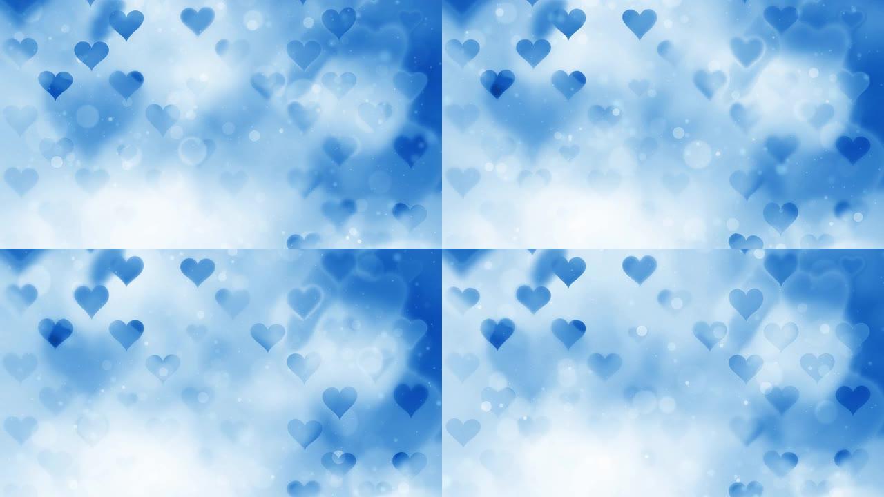 蓝色bokeh动画背景上抽象模糊的心形。