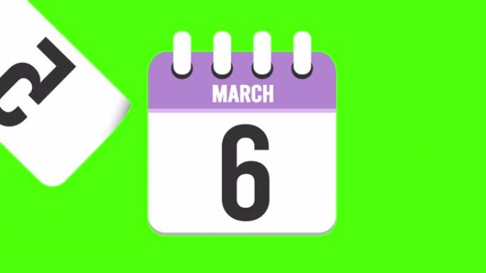 3月6日。日历出现，页面下降到3月6日。绿色背景，色度键 (4k循环)