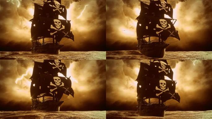 3D快乐罗杰海盗帆船在一个波涛汹涌的海环景观背景V2中