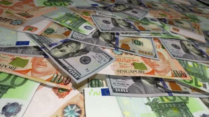 新加坡元美元和欧元纸币飞越货币表面