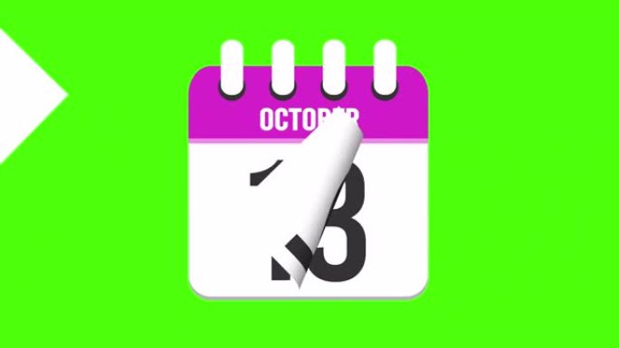 10月22日。日历出现，页面下降到10月22日。绿色背景，色度键 (4k循环)