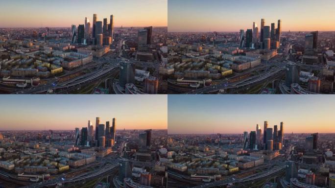 日落天空莫斯科城市交通街空中城市景观全景4k延时俄罗斯