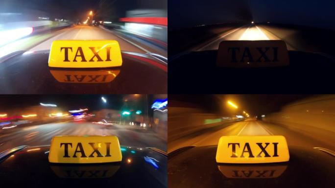 城际出租车服务概念，安装在车辆屋顶驾驶上的出租车标志的夜间拍摄镜头