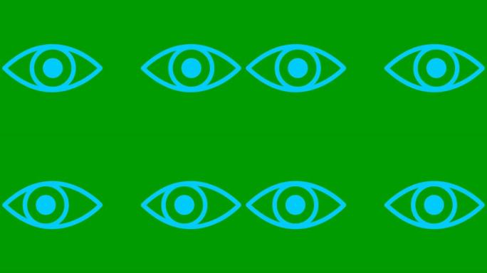 动画蓝色的两只眼睛正在关闭。眨眼睛。线性图标。循环视频。绿色背景上的矢量插图。