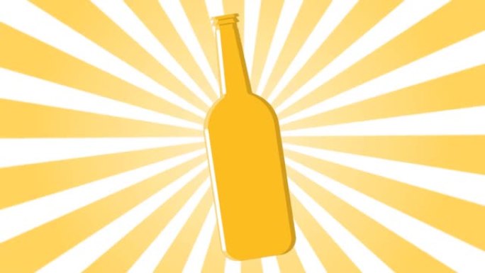 黄色抽象太阳光线背景上的玻璃瓶啤酒。视频4k，运动设计