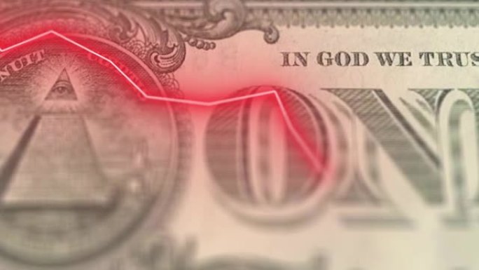 4k详细的特写滑动镜头背面我们一美元钞票。宏观纹理美国比尔与下降箭头图表。波动和崩溃的货币股票视频。