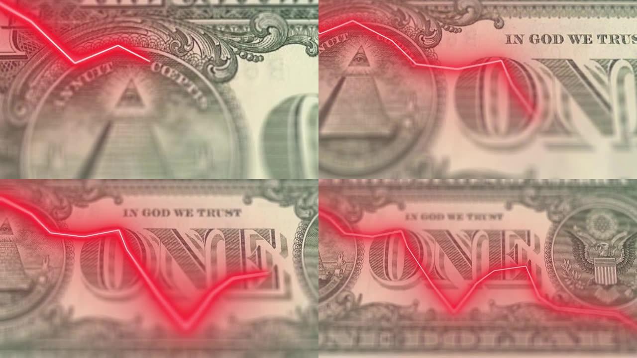 4k详细的特写滑动镜头背面我们一美元钞票。宏观纹理美国比尔与下降箭头图表。波动和崩溃的货币股票视频。