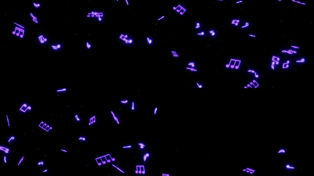 黑色屏幕上的动画紫色音符。