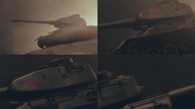 苏联坦克在森林里的宏观视图。T34的战斗分期，近景