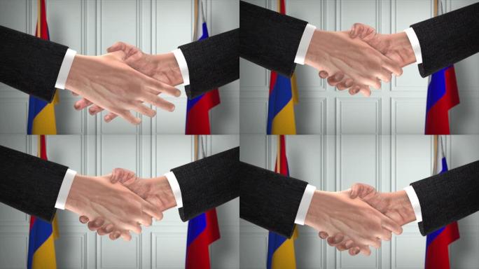 亚美尼亚与俄罗斯协议握手，政治说明。正式会议或合作，商务见面。商人和政客握手