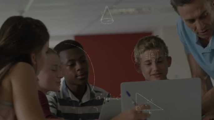 在教室中使用笔记本电脑对学童和男老师进行数学方程式的动画