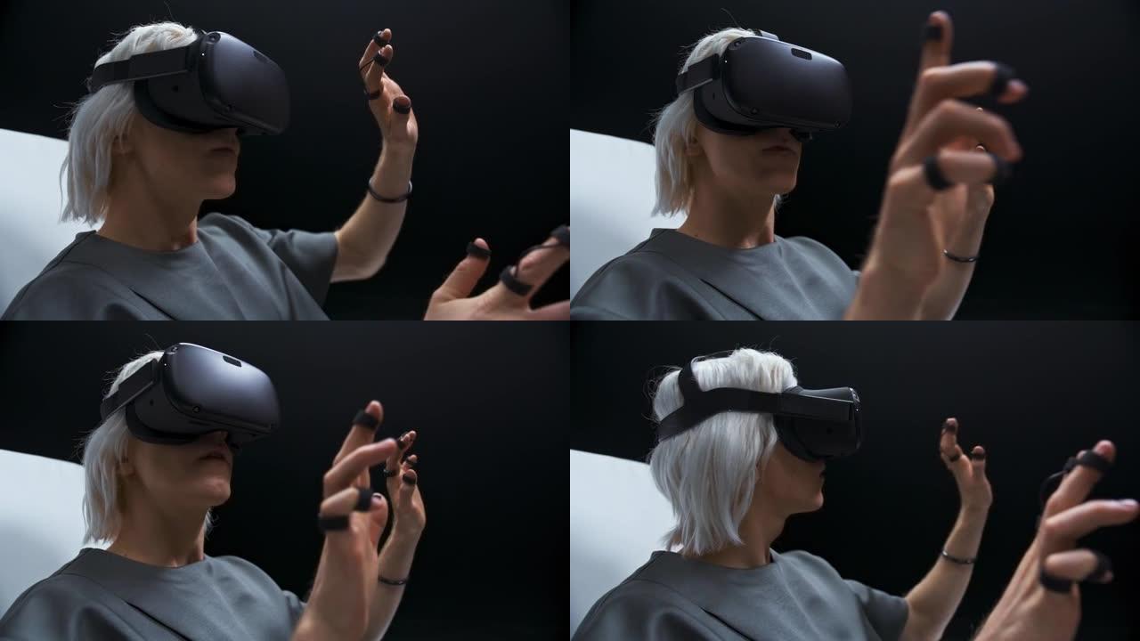享受虚拟现实互动椅子特写的赛博朋克人。玩家触摸metaverse