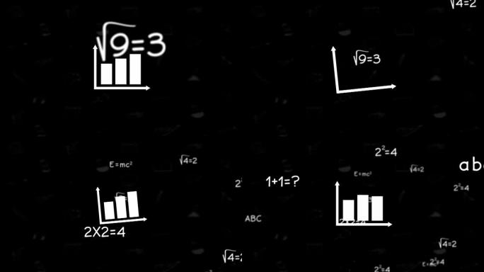 黑色背景上的数学方程和图表图标动画