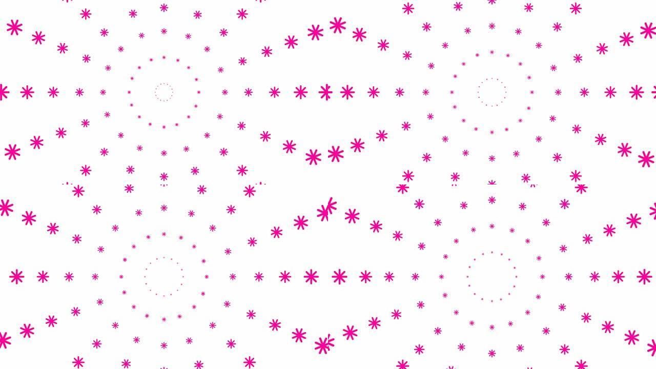 圣诞运动背景。动画增加的粉红色雪花从中心盘旋。循环视频。下雪了。降雪隔离在白色背景上。