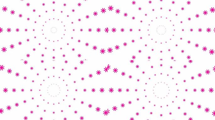 圣诞运动背景。动画增加的粉红色雪花从中心盘旋。循环视频。下雪了。降雪隔离在白色背景上。