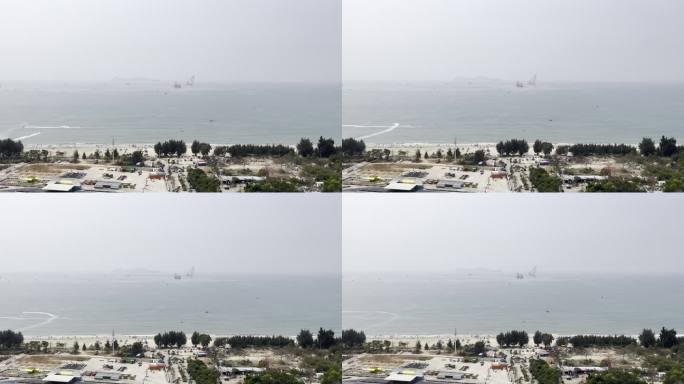 海岸线固定视角摩托艇开发区工地大海海边