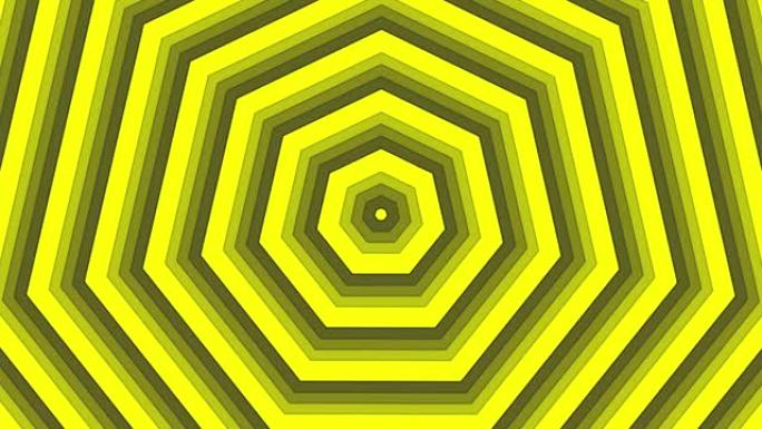深灰色黑色背景循环上的黄色粗体七边形简单扁平几何。星空七边形无线电波无尽的创意动画。星星无缝运动图形