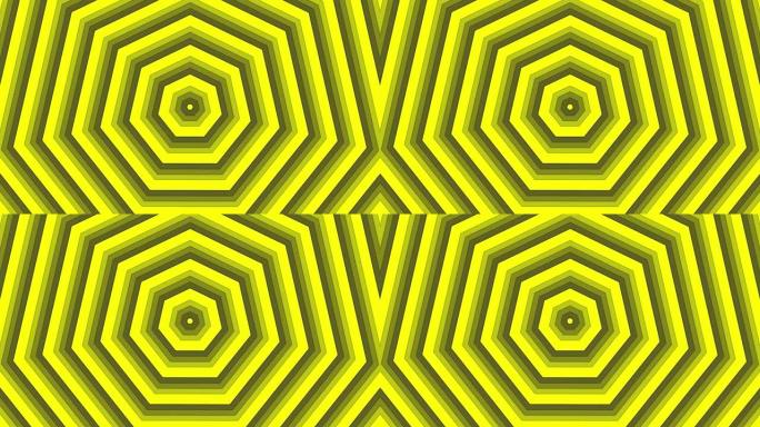 深灰色黑色背景循环上的黄色粗体七边形简单扁平几何。星空七边形无线电波无尽的创意动画。星星无缝运动图形