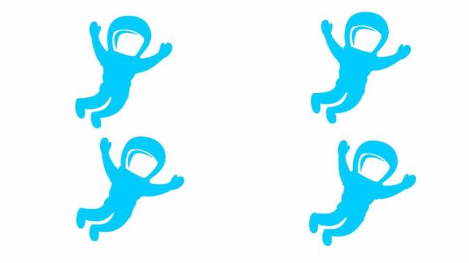 动画可爱的蓝色宇航员在零重力。太空人在失重状态下飞行。矢量平面插图孤立在白色背景上。