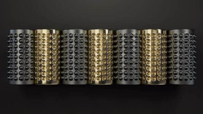 现代抽象环金铁3D渲染背景上的酒窝滚动圆柱体