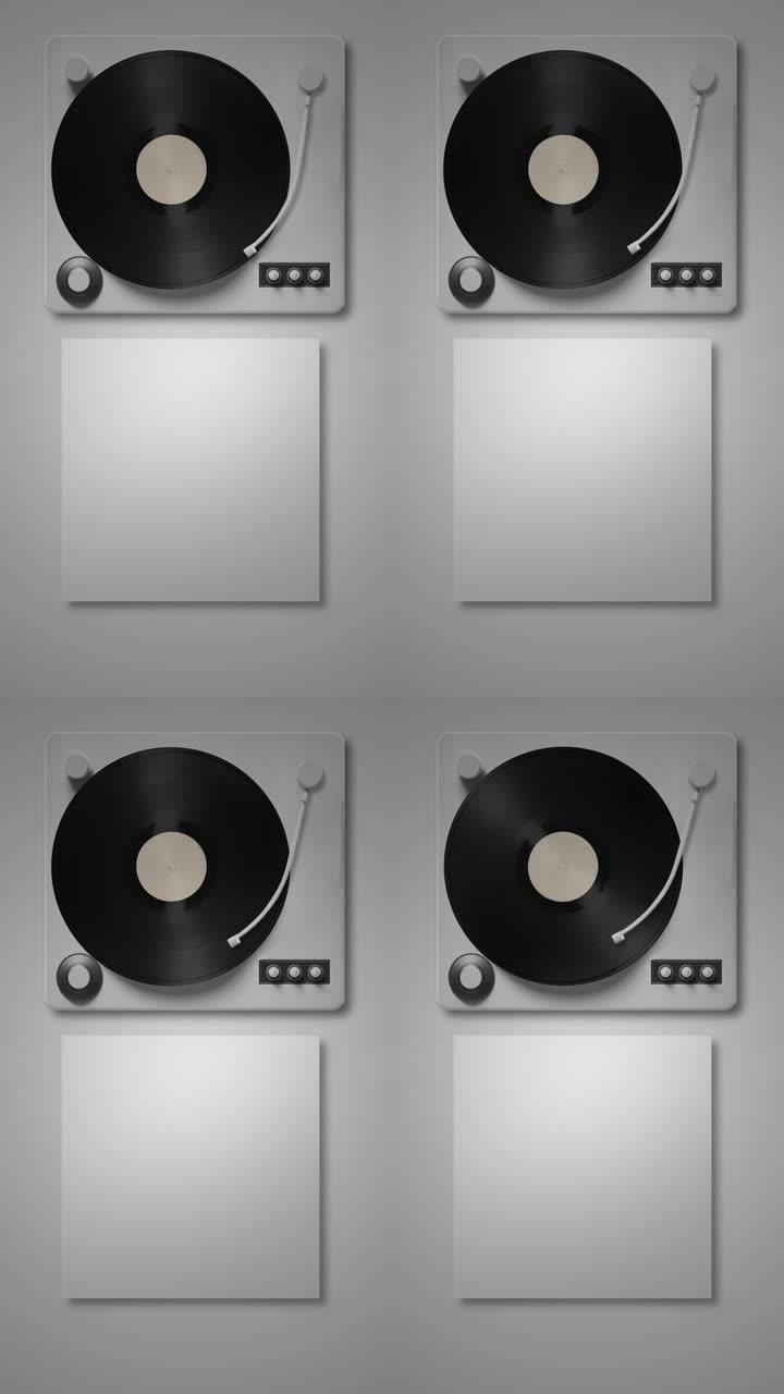 黑胶唱片光盘从专辑封面移到唱机上的平滑最小动画。垂直分辨率