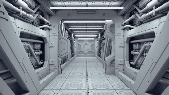 在梦幻般的太空船上沿着长长的走廊运动