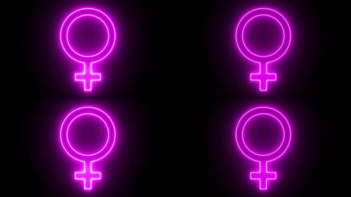 4K紫色霓虹灯女性图标。黑色背景上的性别符号。闪烁象形文字股票视频。充满活力的荧光信号动画。