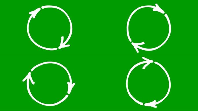 圆形箭头的动画图标。重装旋转的白色符号。循环视频。手绘矢量插图孤立在绿色背景上。