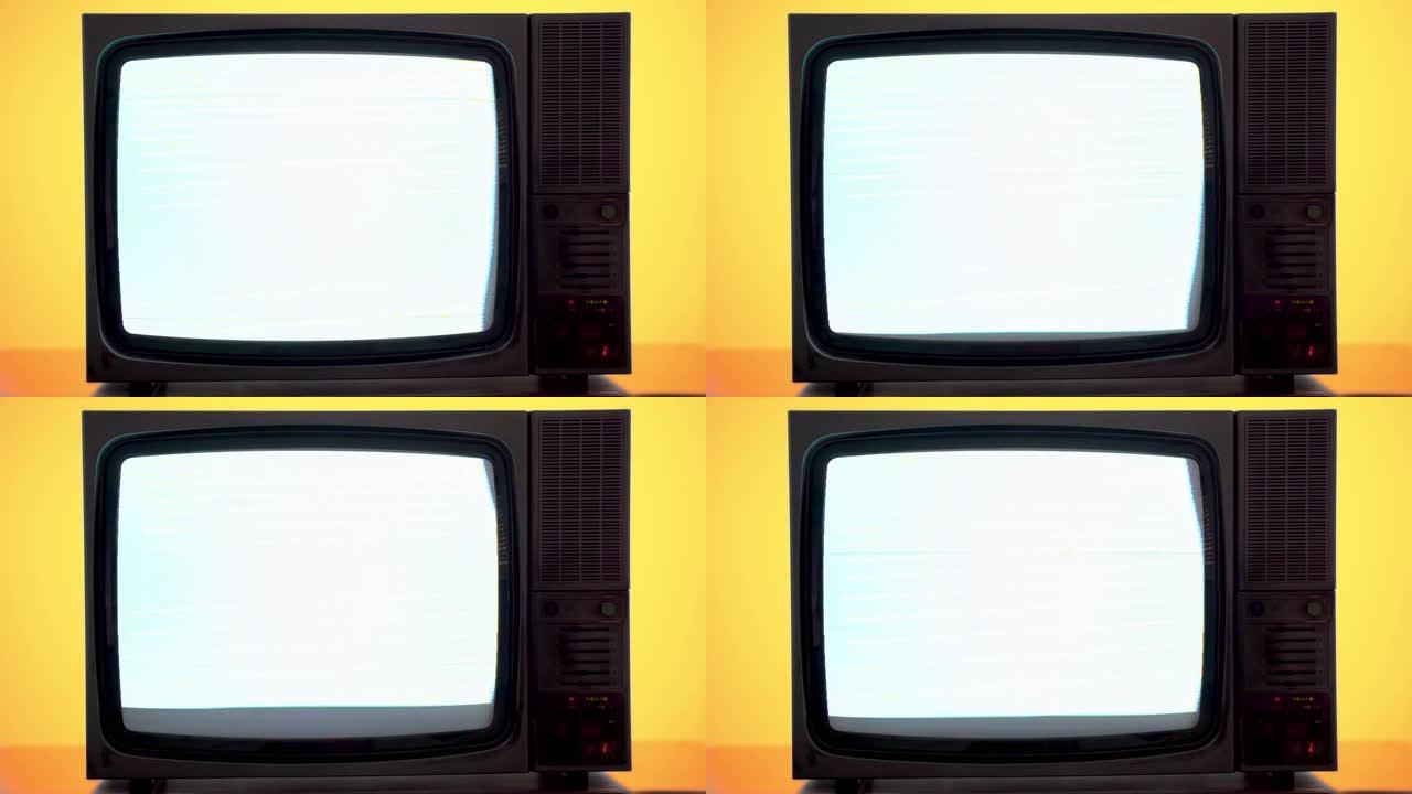 黄色背景的老式电视，电视显示屏上闪烁的屏幕和水平条纹，古董电视上的卫星信号不良，损坏的电视有噪音和监