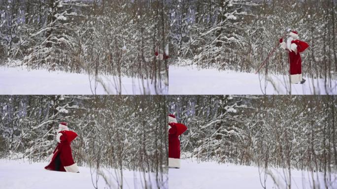 圣诞老人带着魔法杖和一袋圣诞礼物走在雪林里。