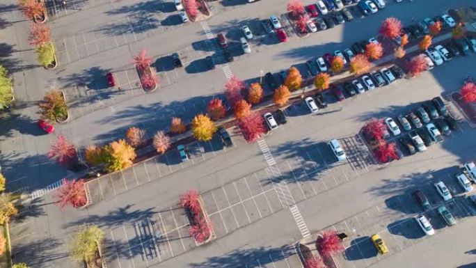 大型停车场的鸟瞰图，有许多停放的彩色汽车。超级中心购物中心停车场，有车辆位置和方向的线条和标记