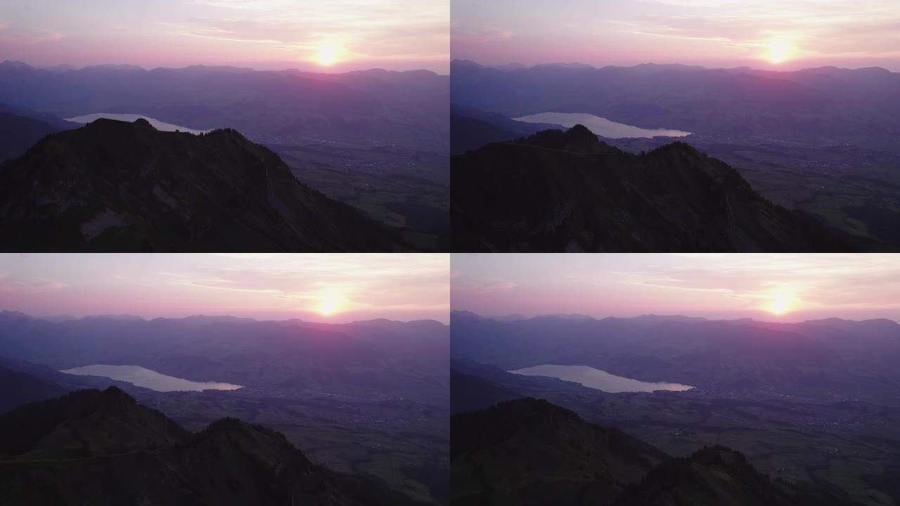 空中无人机拍摄日落时的山脊线