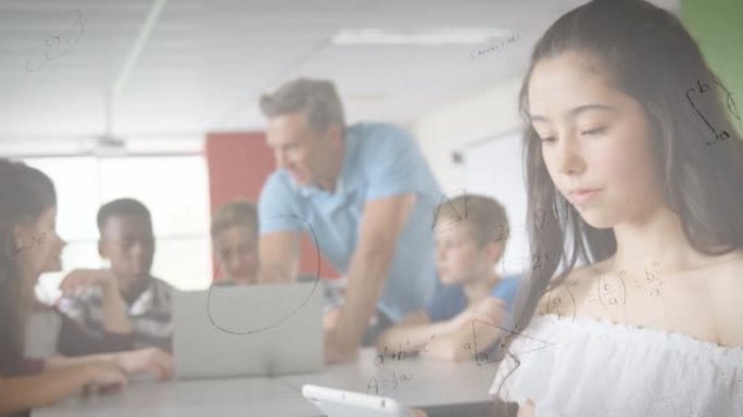 在教室中使用智能手机和笔记本电脑对学童进行数学方程式的动画
