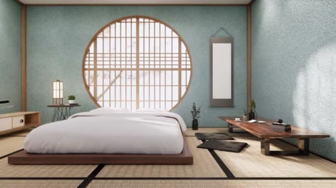 卧室薄荷色，日本简约风格。3d渲染