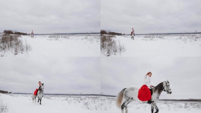 穿着红色连衣裙的女骑师在冬季田野上的小跑马
